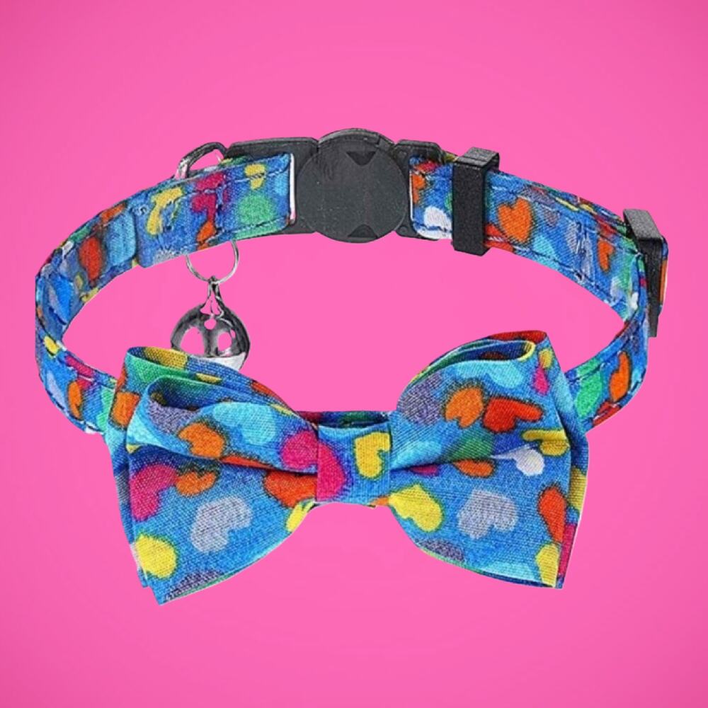 Small Pet Dog or Cat Collar Adjustable Bow Tie Colorful Hearts Design